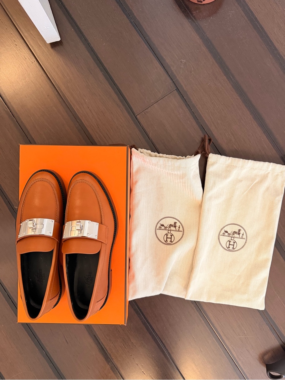 Hermes Tan Leather Loafers with Silver Buckle